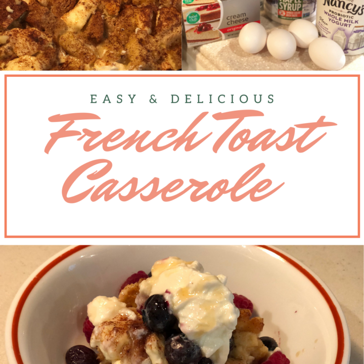 French toast casserole with blueberries and raspberries in bowl with dollop of yogurt