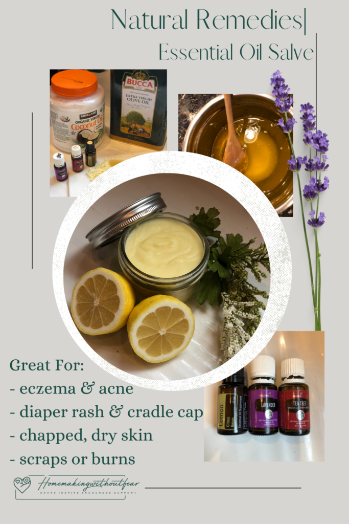 essential oil salve, lemons on counter with essential oils, coconut oils and olive oil