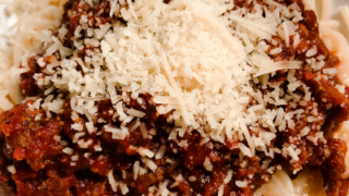 pasta, savory spaghetti sauce and cheese