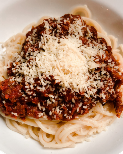 pasta, savory spaghetti sauce and cheese