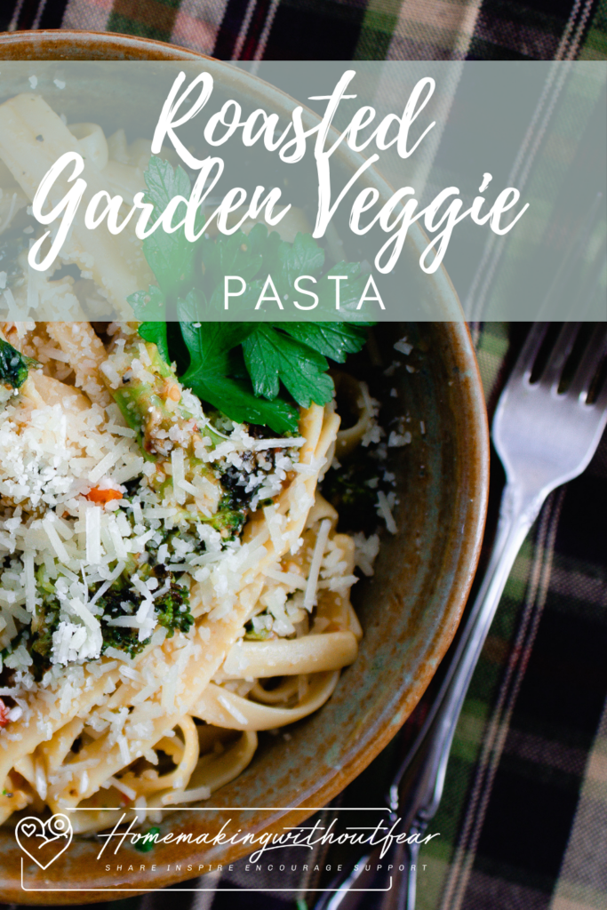 This recipe is nearly a one dish, sheet-pan supper. Just boil noodles while all the veggies roast together. The tomatoes burst and mix with butter to form a rich delicious sauce to spoon over the pasta. Top with grated parmesan. Roasted Garden Veggie Pasta is absolutely full of fresh flavor and couldn't be easier to make. 