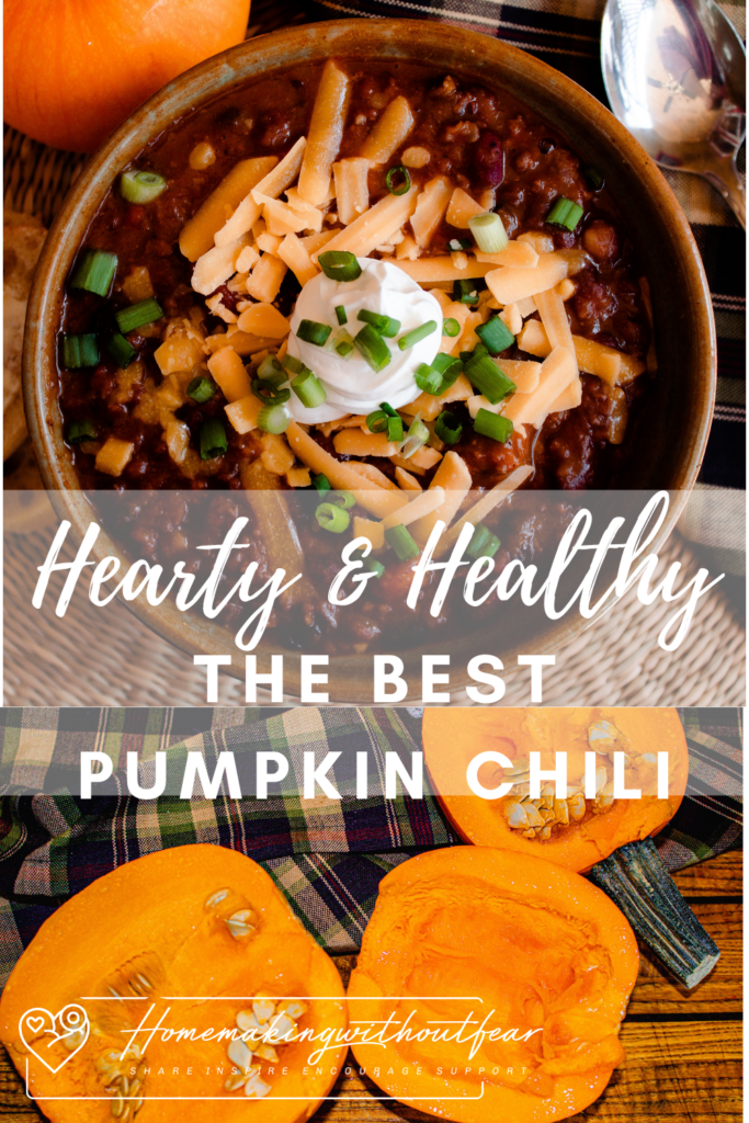 This Hearty & Healthy Pumpkin Chili is mild in spice so it is kid-friendly but it is RICH in flavor so everyone will love it. You could certainly add spicy peppers when you sauté the chopped onion or add 1/4 tsp of cayenne pepper to up the heat if you prefer. Either way there are so many reasons to love this dish!