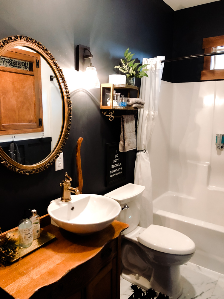 Timeless Traditional Bathroom with dark blue walls