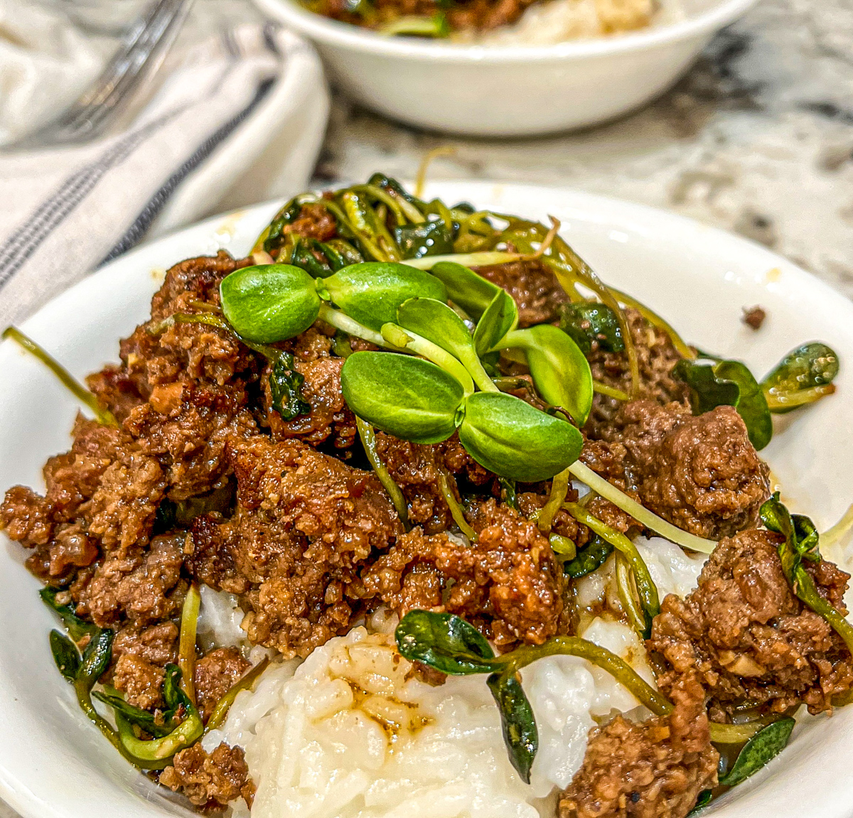 Healthier Mongolian Beef with Microgreens