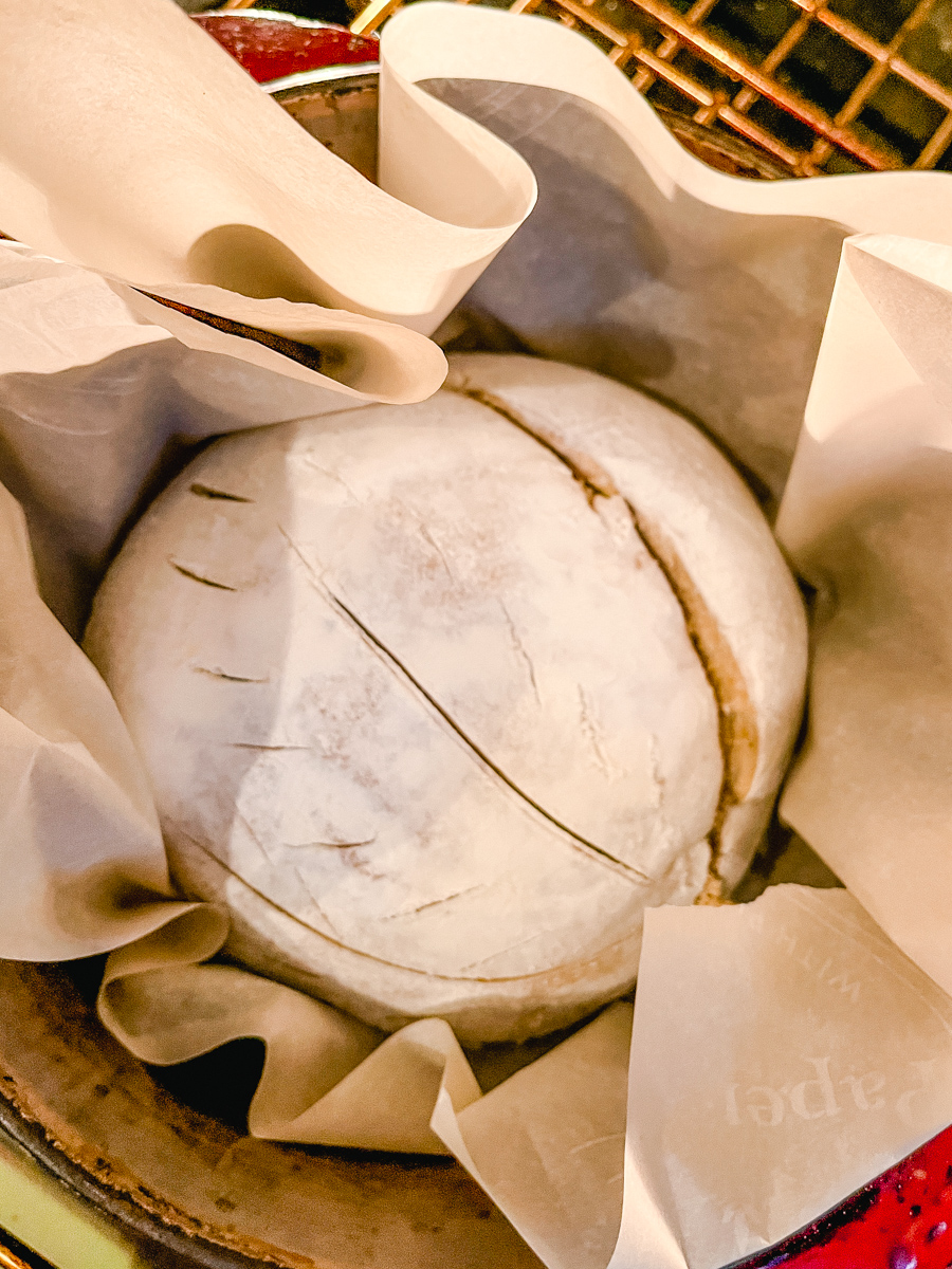 Old Fashioned Sourdough Boule in parchment ready to bake