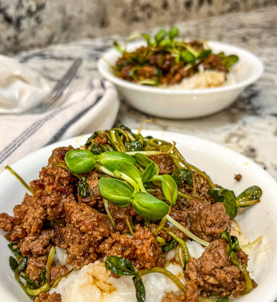 Ground Beef Mongolian Beef with Sunflower shoots